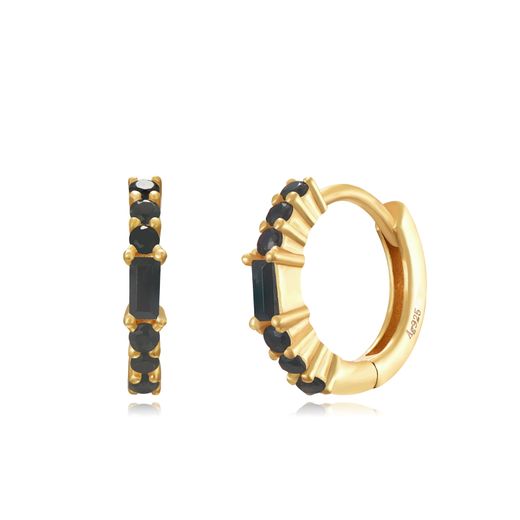 Pendientes Plata Dorada Mujer 12mm PEZ1346DOBK Aro Circonitas Negras