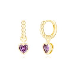 Pendientes Plata Dorada Mujer 12mm PEZ1478DOAM Aro Colgante Corazón Circonita Amatista