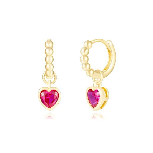 Pendientes Plata Dorada Mujer 12mm PEZ1478DOZR Aro Colgante Corazón Circonita Rubí