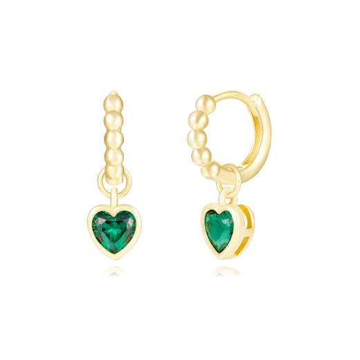Pendientes Plata Dorada Mujer 12mm PEZ1478DOZV Aro Colgante Corazón Circonita Verde