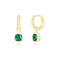 Pendientes Plata Dorada Mujer 12mm PEZ1480DOZV Aro Colgante Circonita Verde