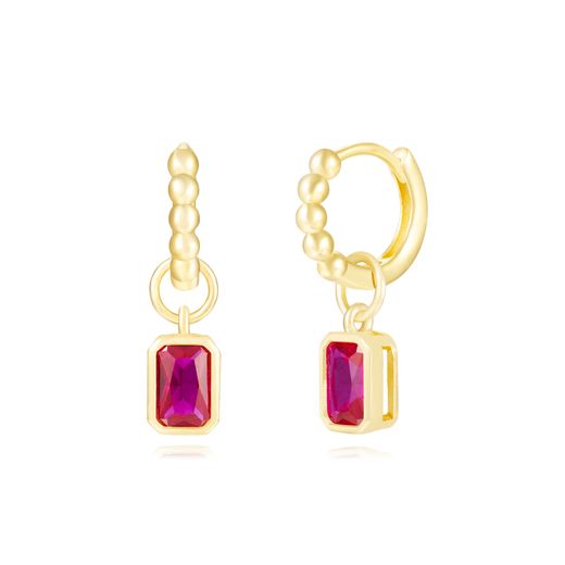 Pendientes Plata Dorada Mujer 12mm PEZ1487DOZR Aro Colgante Circonita Rubí