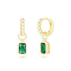 Pendientes Plata Dorada Mujer 12mm PEZ1487DOZV Aro Colgante Circonita Verde
