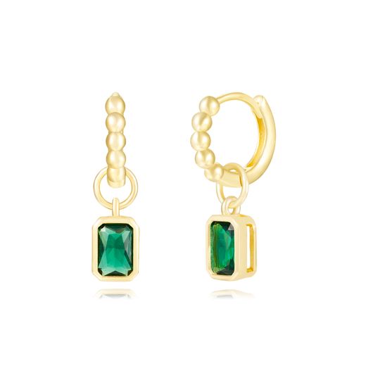 Pendientes Plata Dorada Mujer 12mm PEZ1487DOZV Aro Colgante Circonita Verde