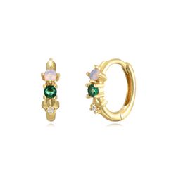 Pendientes Plata Dorada Mujer 13mm PEZ1285DOZV Aro Circonitas Verdes & Símil Ópalo