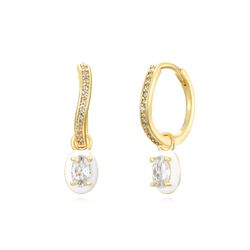 Pendientes Plata Dorada Mujer 14mm PEZ1330DOEW Aro Colgante Lágrima Circonita Enamel Blanco