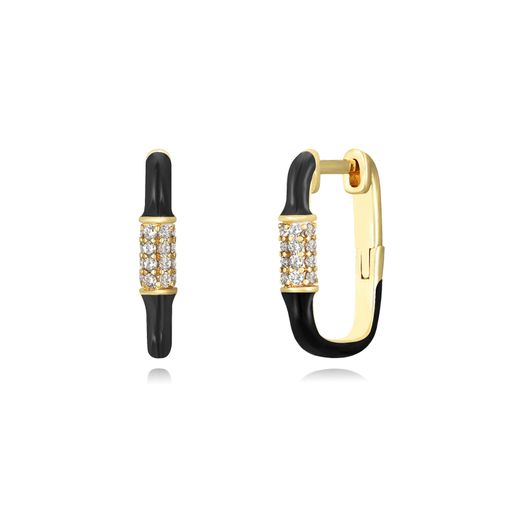 Pendientes Plata Dorada Mujer 17mm PEZ1201DOEN Aro Rectangular Enamel Negro