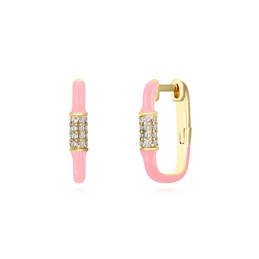Pendientes Plata Dorada Mujer 17mm PEZ1201DOEP Aro Rectangular Enamel Rosa