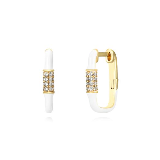 Pendientes Plata Dorada Mujer 17mm PEZ1201DOEW Aro Rectangular Enamel Blanco