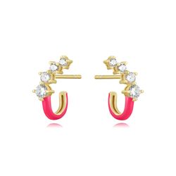 Pendientes Plata Dorada Mujer 17mm PEZ1435DOHP Circonitas Enamel Hot Pink