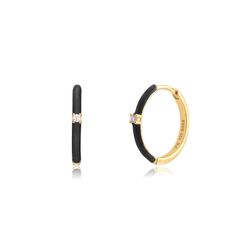 Pendientes Plata Dorada Mujer 18mm PEZ0949DOEN Aro Enamel Negro Circonita