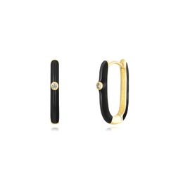 Pendientes Plata Dorada Mujer 19mm PEZ1200DOEN Aro Rectangular Enamel Negro