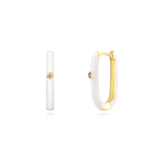 Pendientes Plata Dorada Mujer 19mm PEZ1200DOEW Aro Rectangular Enamel Blanco
