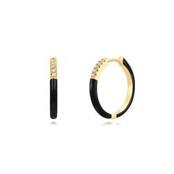 Pendientes Plata Dorada Mujer 20mm PEZ1284DOEN Aro Enamel Negro