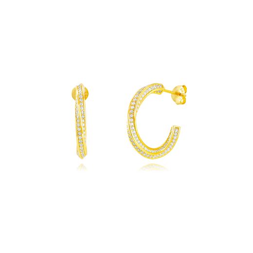 Pendientes Plata Dorada Mujer 22mm PEZ1600DO22 Aro Abierto trenzado Circonitas