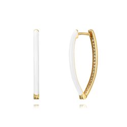 Pendientes Plata Dorada Mujer 25mm PEZ1259DOEW Aro Oval Enamel Blanco Circonitas