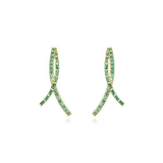 Pendientes Plata Dorada Mujer 26mm PEZ1389DOZV Doble Curva Circonitas Verdes