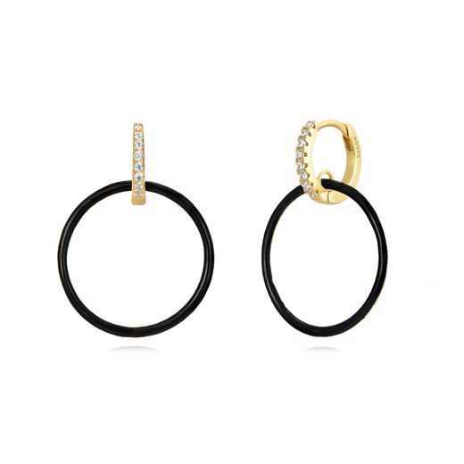 Pendientes Plata Dorada Mujer 27mm PEZ1191DOEN Aro Circonitas Colgante Círculo Enamel Negro