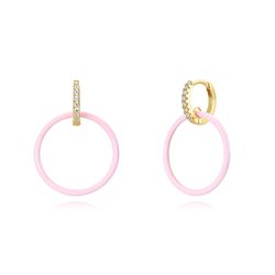 Pendientes Plata Dorada Mujer 27mm PEZ1191DOEP Aro Circonitas Colgante Círculo Enamel Rosa