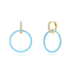Pendientes Plata Dorada Mujer 27mm PEZ1191DOET Aro Circonitas Colgante Círculo Enamel Turquesa