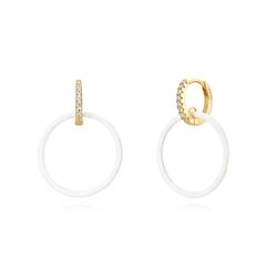Pendientes Plata Dorada Mujer 27mm PEZ1191DOEW Aro Circonitas Colgante Círculo Enamel Blanco