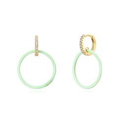 Pendientes Plata Dorada Mujer 27mm PEZ1191DOME Aro Circonitas Colgante Círculo Enamel Menta