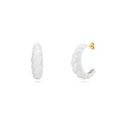 Pendientes Plata Dorada Mujer 30x10mm PEL1074DOEW Medio Aro Enamel Blanco