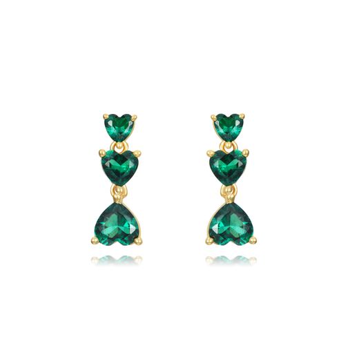 Pendientes Plata Dorada Mujer 4mm PEZ1304DOZV Corazones Circonitas Verdes