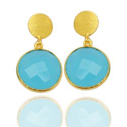 Pendientes Plata Dorada Mujer PEM0004DOCB Colgante Piedras Minerales Calcedonia Azul