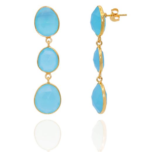 Pendientes Plata Dorada Mujer PEM0007DOCB Colgante Piedras Minerales Calcedonia Azul