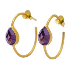 Pendientes Plata Dorada Mujer PEM0011DOAM Aro Abierto Piedras Minerales Amatista