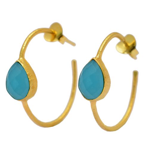 Pendientes Plata Dorada Mujer PEM0011DOCB Aro Abierto Piedras Minerales Calcedonia Azul