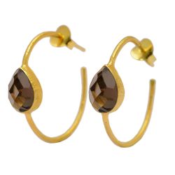 Pendientes Plata Dorada Mujer PEM0011DOCH Aro Abierto Piedras Minerales Cuarzo Ahumado