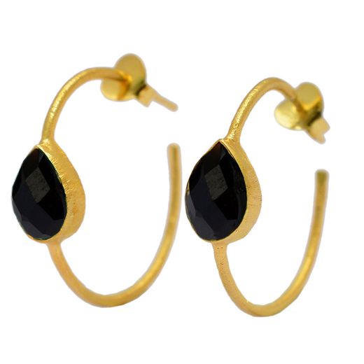 Pendientes Plata Dorada Mujer PEM0011DOOX Aro Abierto Piedras Minerales Onix Negro
