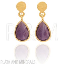 Pendientes Plata Dorada Mujer PEM0025DOAM Colgante Piedras Minerales Amatista