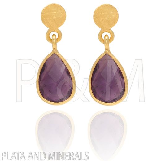 Pendientes Plata Dorada Mujer PEM0025DOAM Colgante Piedras Minerales Amatista