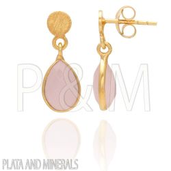 Pendientes Plata Dorada Mujer PEM0025DOCR Colgante Piedras Minerales Cuarzo Rosa