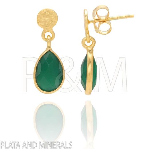 Pendientes Plata Dorada Mujer PEM0025DOOV Colgante Piedras Minerales Onix Verde