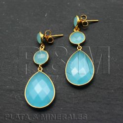 Pendientes Plata Dorada Mujer PEM0034DOCB Piedras Minerales Calcedonia Azul