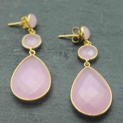 Pendientes Plata Dorada Mujer PEM0034DOCR Piedras Minerales Cuarzo Rosa
