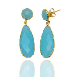 Pendientes Plata Dorada Mujer PEM0035DOCB30 Lagrima Piedras Minerales Calcedonia Azul