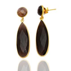 Pendientes Plata Dorada Mujer PEM0035DOCH30 Lagrima Piedras Minerales Cuarzo Ahumado