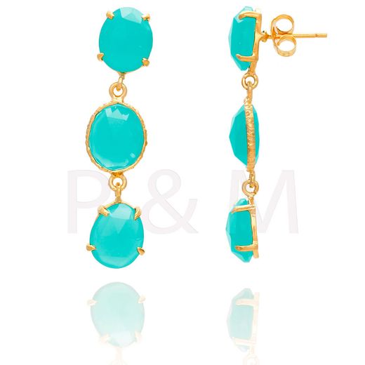 Pendientes Plata Dorada Mujer PEM0063DOCB Piedras Minerales Calcedonia Azul