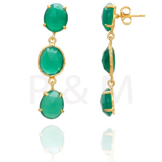 Pendientes Plata Dorada Mujer PEM0063DOOV Piedras Minerales Onix Verde