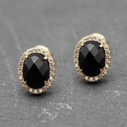 Pendientes Plata Dorada Mujer PEM0064DOOX Óvalo Piedras Minerales Onix Negro Circonitas