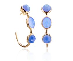 Pendientes Plata Dorada Mujer PEM0068DOCB 3 Piedras Minerales Calcedonia Azul