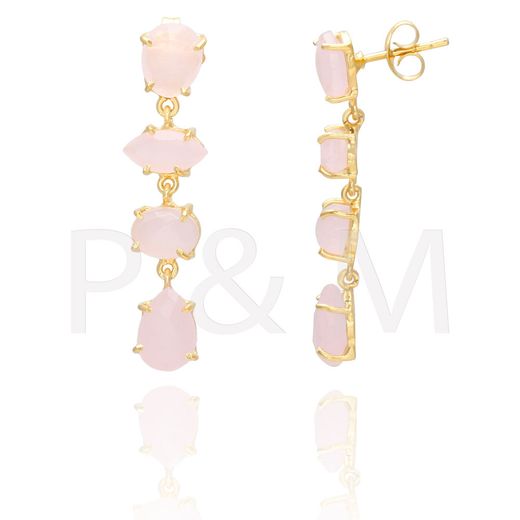 Pendientes Plata Dorada Mujer PEM0078DOCR Piedras Minerales Cuarzo Rosa