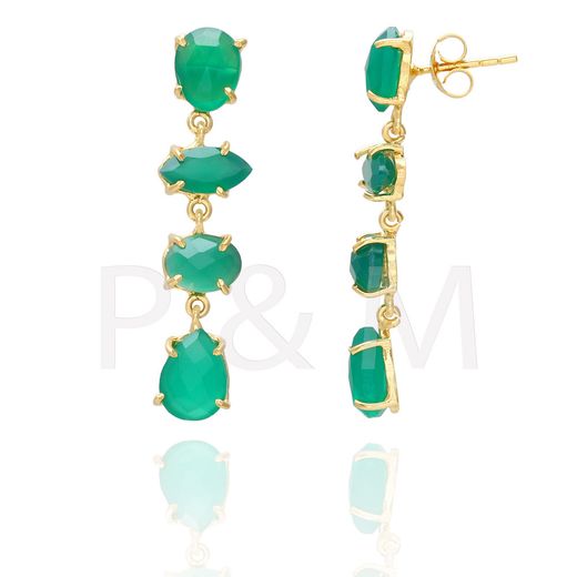 Pendientes Plata Dorada Mujer PEM0078DOOV Piedras Minerales Onix Verde