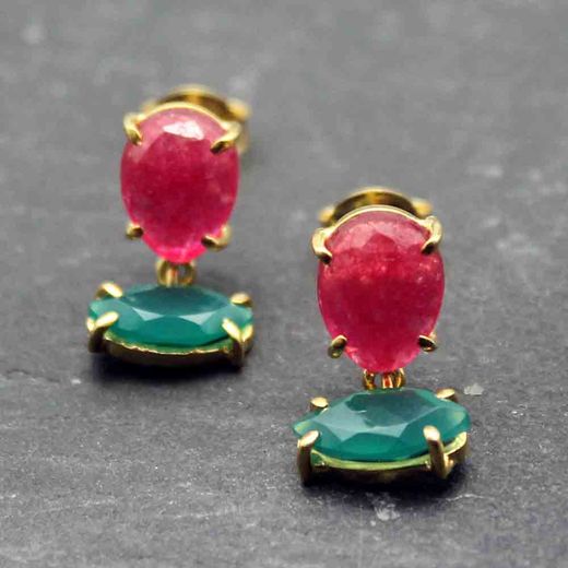Pendientes Plata Dorada Mujer PEM0079DOOVRU Piedras Minerales Onix Verde y Rubí