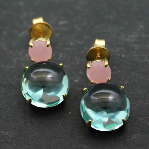 Pendientes Plata Dorada Mujer PEM0084DOCRCA Piedras Minerales Cuarzo Rosa y Calcedonia
